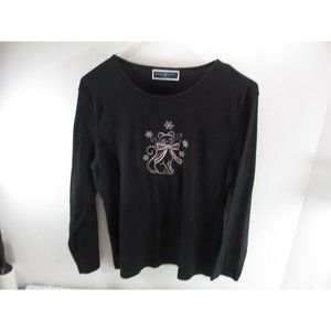 Karen Scott petite black shirt Long Sleeve scoop neck with Cat Medium
